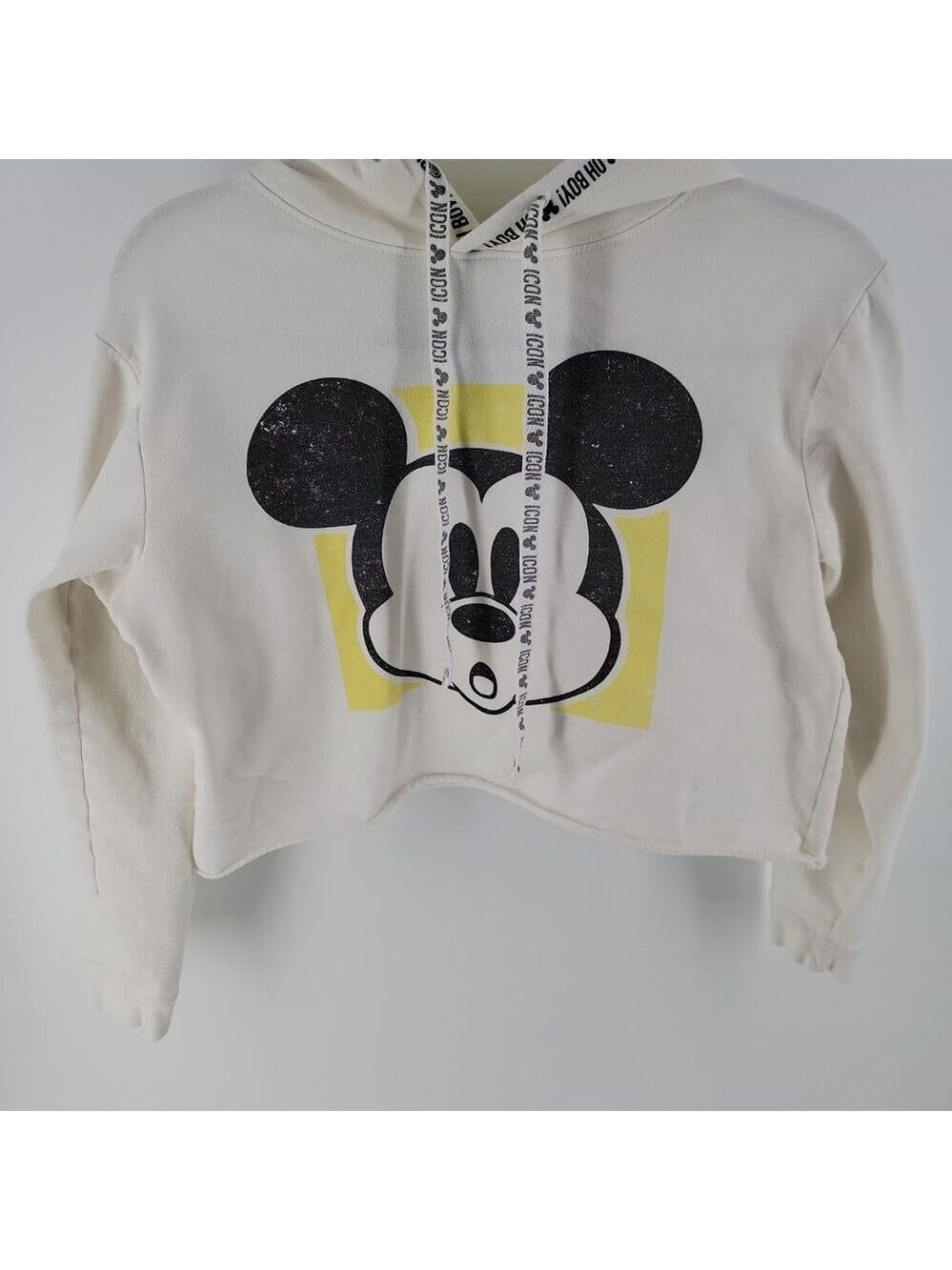Disney Mickey Mouse Cropped Hoodie Xs Cream Yellow Graphic Pullover View 2
